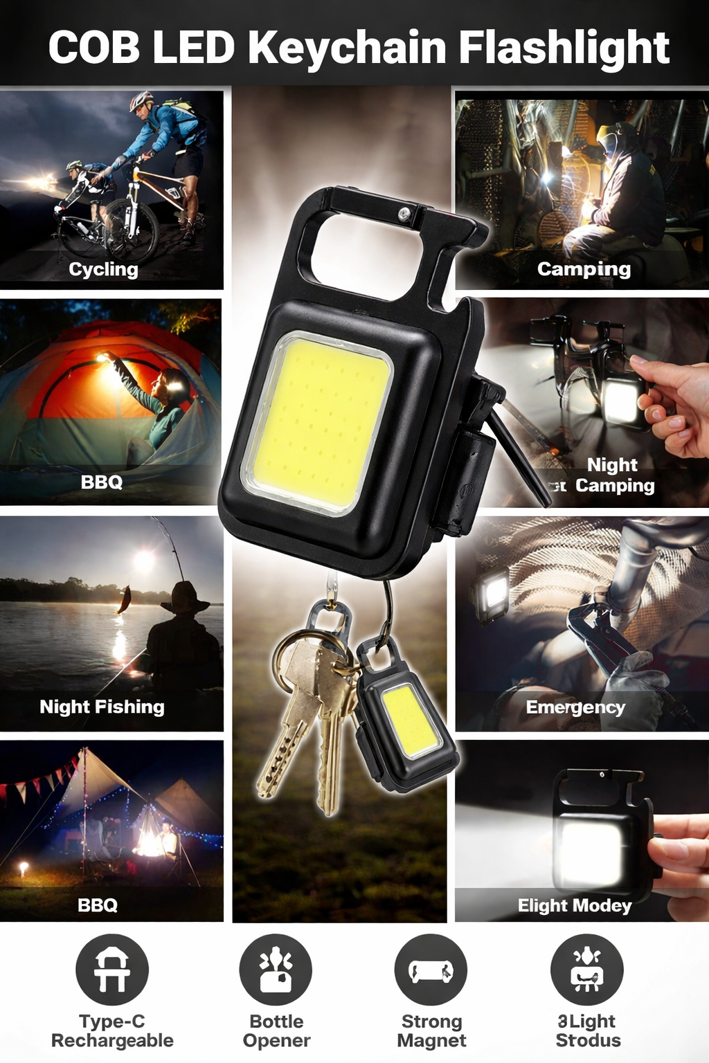 Ultra-Bright Mini Rechargeable Keychain Flashlight with 4 Light Modes, Folding Bracket & Magnetic Base